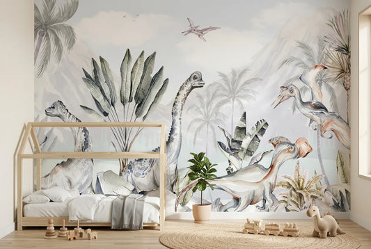 Papel tapiz Dinoland instalado en una habitación infantil