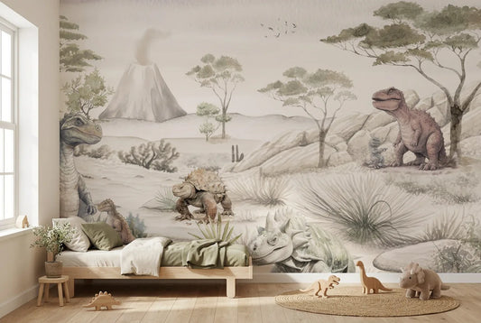 Papel tapiz Dinos del Desierto instalado en una habitación infantil