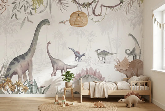Papel tapiz Dinos World instalado en una habitación infantil