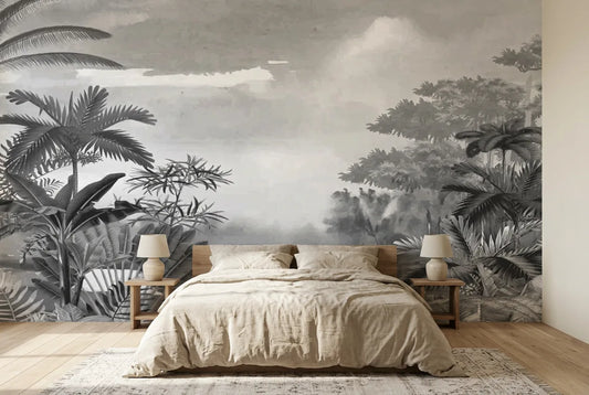 Papel tapiz Edén Tropical instalado en un dormitorio sereno