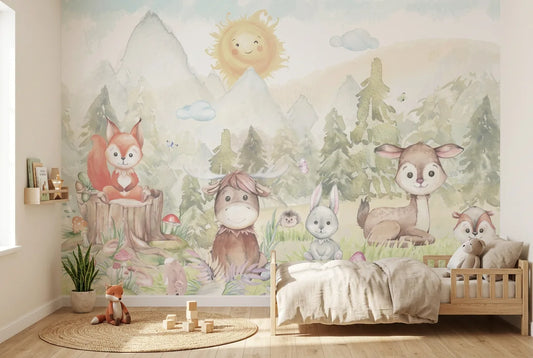 Papel tapiz Familia del Bosque instalado en una habitación infantil