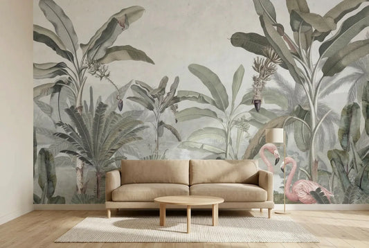 Papel tapiz Flamingo Tropical instalado en una sala de estar minimalista