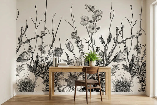 Papel tapiz Flora Lineal instalado en un espacio de trabajo en casa