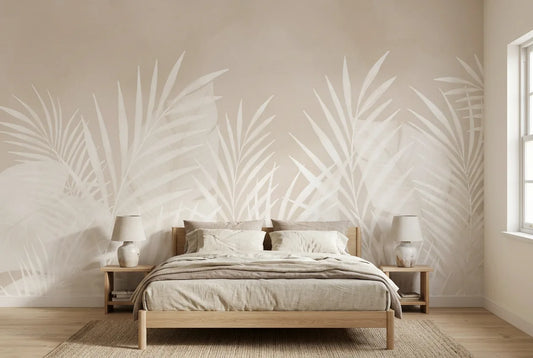 Papel tapiz Follaje Beige instalado en un dormitorio sereno