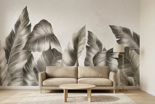 Papel tapiz Follaje Gris instalado en una sala de estar minimalista
