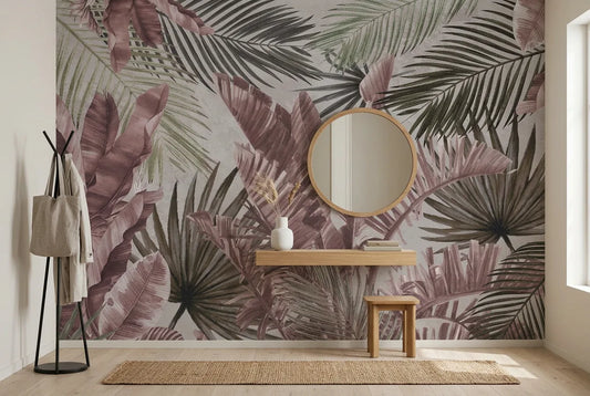 Papel tapiz Follaje Rosa instalado en un recibidor de estilo nórdico