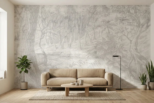 Papel tapiz Forestscape instalado en una sala de estar minimalista