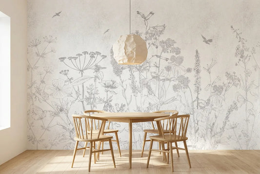 Papel tapiz Gardenia Light instalado en un comedor luminoso