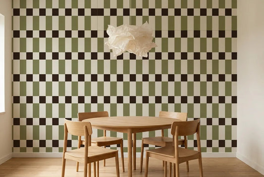 Papel tapiz Geometría Mod instalado en un comedor luminoso