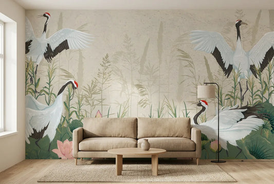 Papel tapiz Grullas y Lotos instalado en una sala de estar minimalista