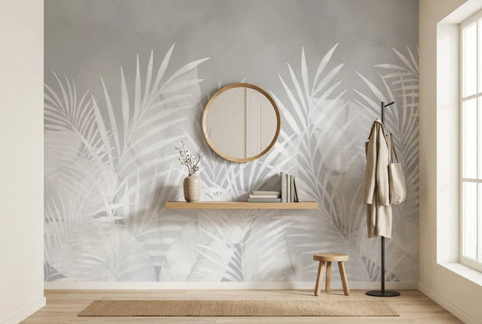 Papel tapiz Hojas Blancas instalado en un recibidor de estilo nórdico