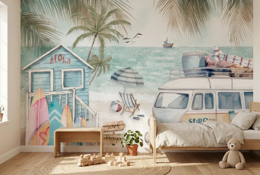 Papel tapiz Honolulu Surf instalado en una habitación infantil