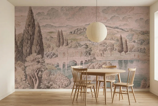 Papel tapiz Jardín Inglés III instalado en un comedor luminoso