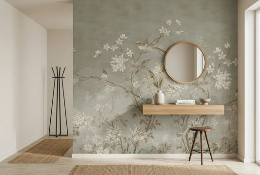 Papel tapiz Jardín Oriental de Autor instalado en un recibidor de estilo nórdico