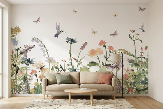 Papel tapiz Jardín Silvestre Botánicos instalado en una sala de estar minimalista