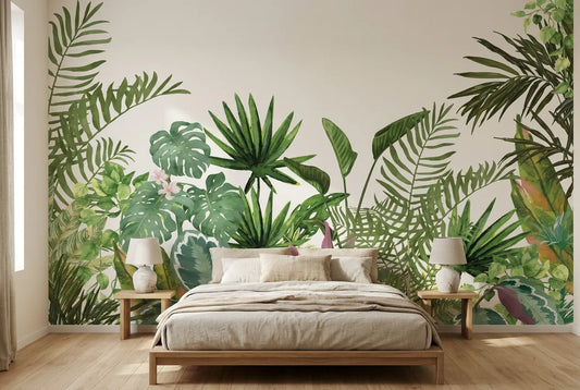 Papel tapiz Jardín Tropical instalado en un dormitorio sereno