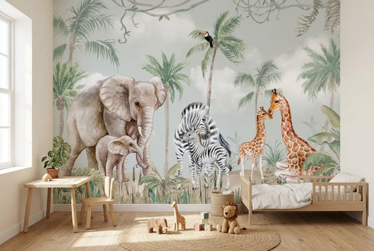Papel tapiz Jungla Safari instalado en una habitación infantil