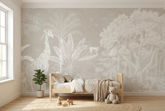 Papel tapiz Jungla Sepia instalado en una habitación infantil