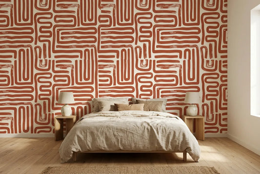 Papel tapiz Laberinto Retro instalado en un dormitorio sereno