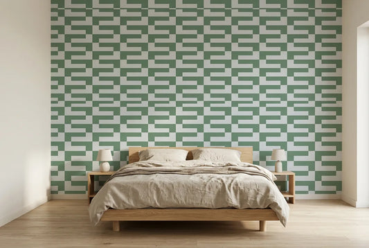 Papel tapiz Laberinto Retro Empapelados y Patrones instalado en un dormitorio sereno