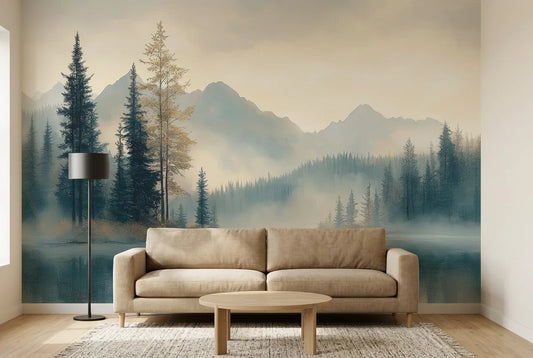 Papel tapiz Lago Trentino instalado en una sala de estar minimalista