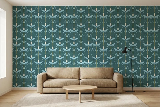 Papel tapiz Lirio Petrol instalado en una sala de estar minimalista