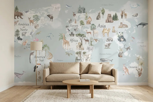 Papel tapiz Mapa Animalia instalado en una sala de estar minimalista