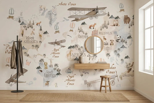 Papel tapiz Mapa Aventura instalado en un recibidor de estilo nórdico