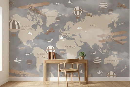Papel tapiz Mapa Aviador instalado en un espacio de trabajo en casa