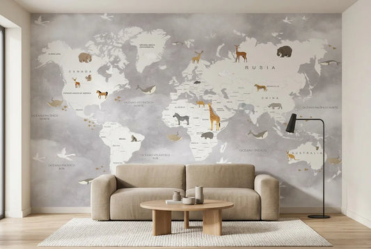 Papel tapiz Mapa Fauna Gris instalado en una sala de estar minimalista