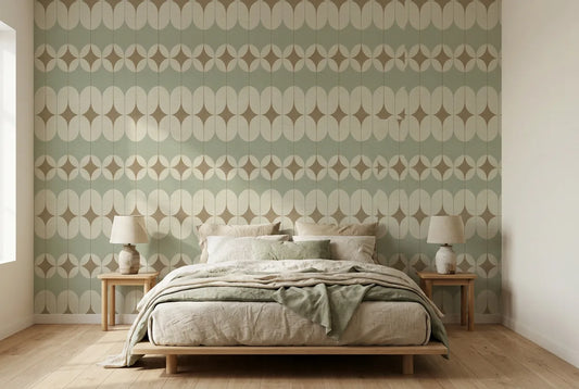 Papel tapiz Menta Retro instalado en un dormitorio sereno