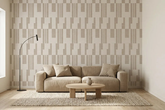 Papel tapiz Modular Lino instalado en una sala de estar minimalista