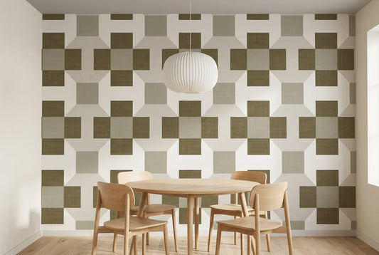 Papel tapiz Mosaico Sepia instalado en un comedor luminoso