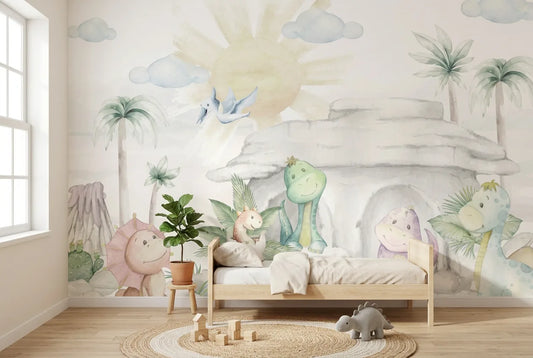 Papel tapiz Mundo Dino instalado en una habitación infantil
