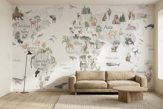 Papel tapiz Mundo Fauna instalado en una sala de estar minimalista