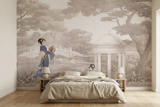 Papel tapiz Nara instalado en un dormitorio sereno