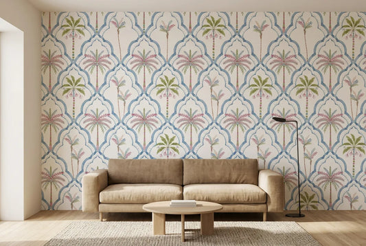 Papel tapiz Oasis Riviera instalado en una sala de estar minimalista