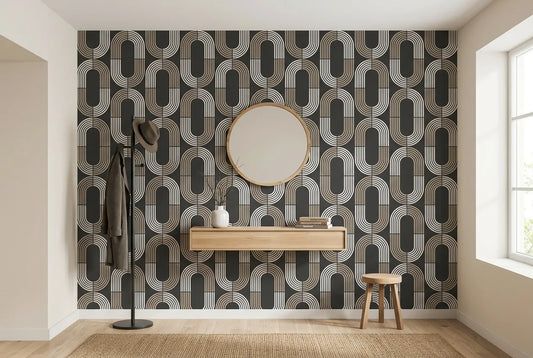 Papel tapiz Óvalos Retro III instalado en un recibidor de estilo nórdico