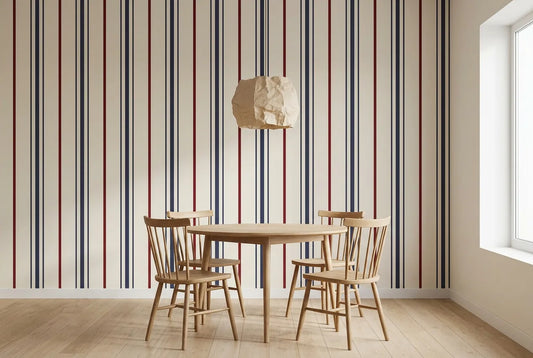 Papel tapiz Oxford Stripes instalado en un comedor luminoso