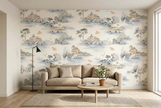 Papel tapiz Pagoda Zen instalado en una sala de estar minimalista