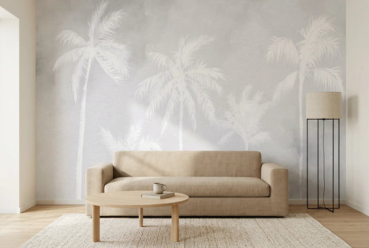 Papel tapiz Palma Bruma instalado en una sala de estar minimalista
