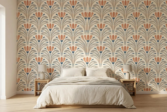 Papel tapiz Palma Nouveau instalado en un dormitorio sereno