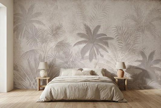 Papel tapiz Palma Vintage Royal Palms instalado en un dormitorio sereno