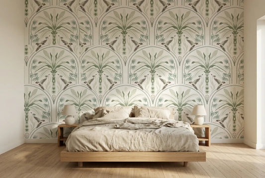 Papel tapiz Palmera Imperial instalado en un dormitorio sereno