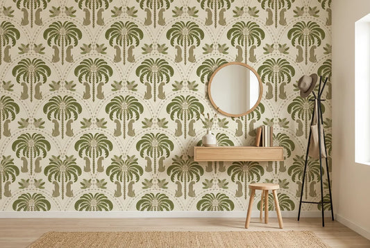 Papel tapiz Palmera Safari instalado en un recibidor de estilo nórdico