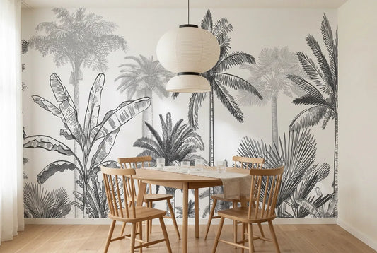 Papel tapiz Palmeras Reales III instalado en un comedor luminoso