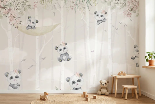 Papel tapiz Pandas Rosa instalado en una habitación infantil
