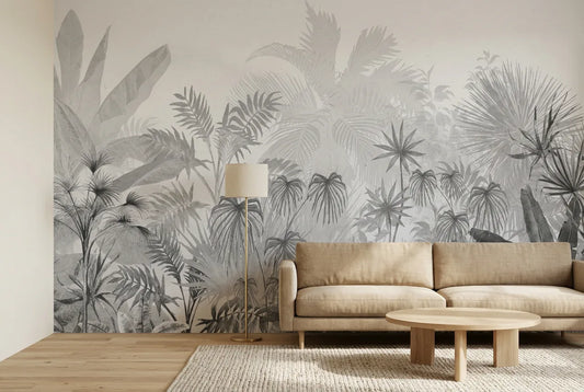 Papel tapiz Paraíso Gris instalado en una sala de estar minimalista