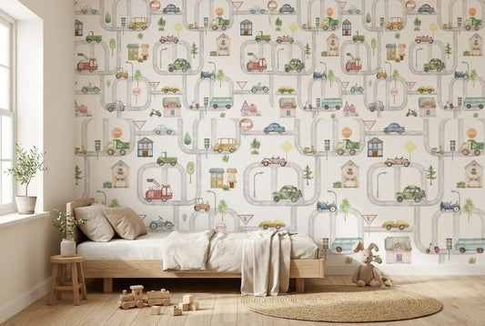 Papel tapiz Pequeña Ciudad instalado en una habitación infantil