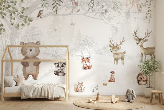 Papel tapiz Pequeño Bosque instalado en una habitación infantil